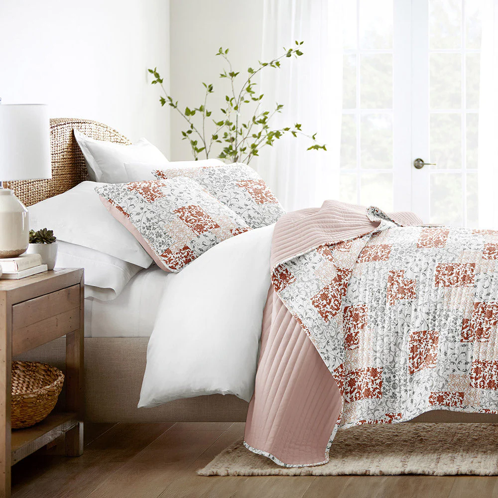 Scrolled Patchwork Reversible Quilted Coverlet Set (Sale)