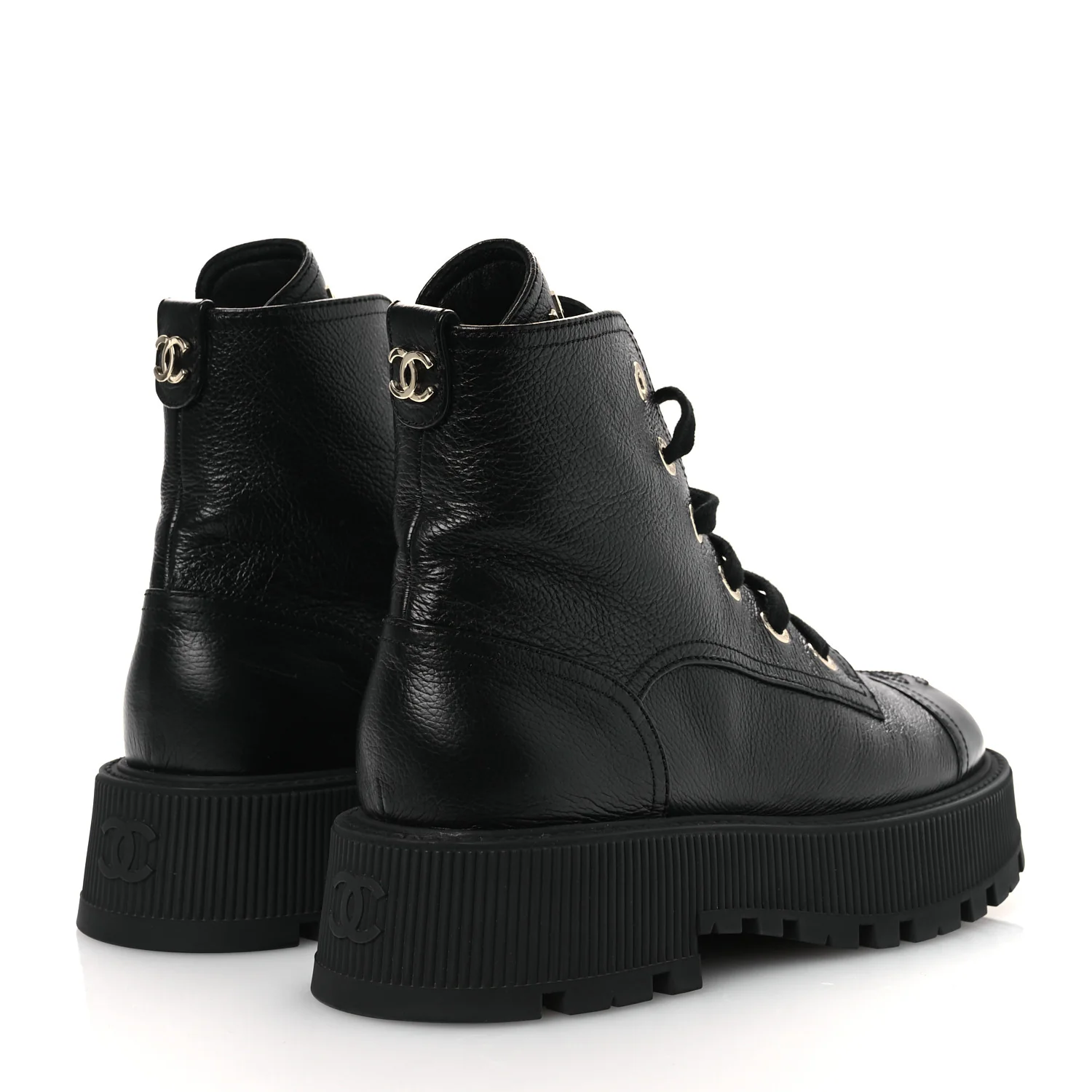 Grained Calfskin Shiny Calfskin CC Lace Up Combat Boots 38.5 Black - Top Club