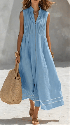 Women's Cotton-Blend Light Blue Stand-Collar Pleated Sleeveless Dress - Nordfashionstorm - Women's Clothing, Fashion for You - Nordfashionstorm.com