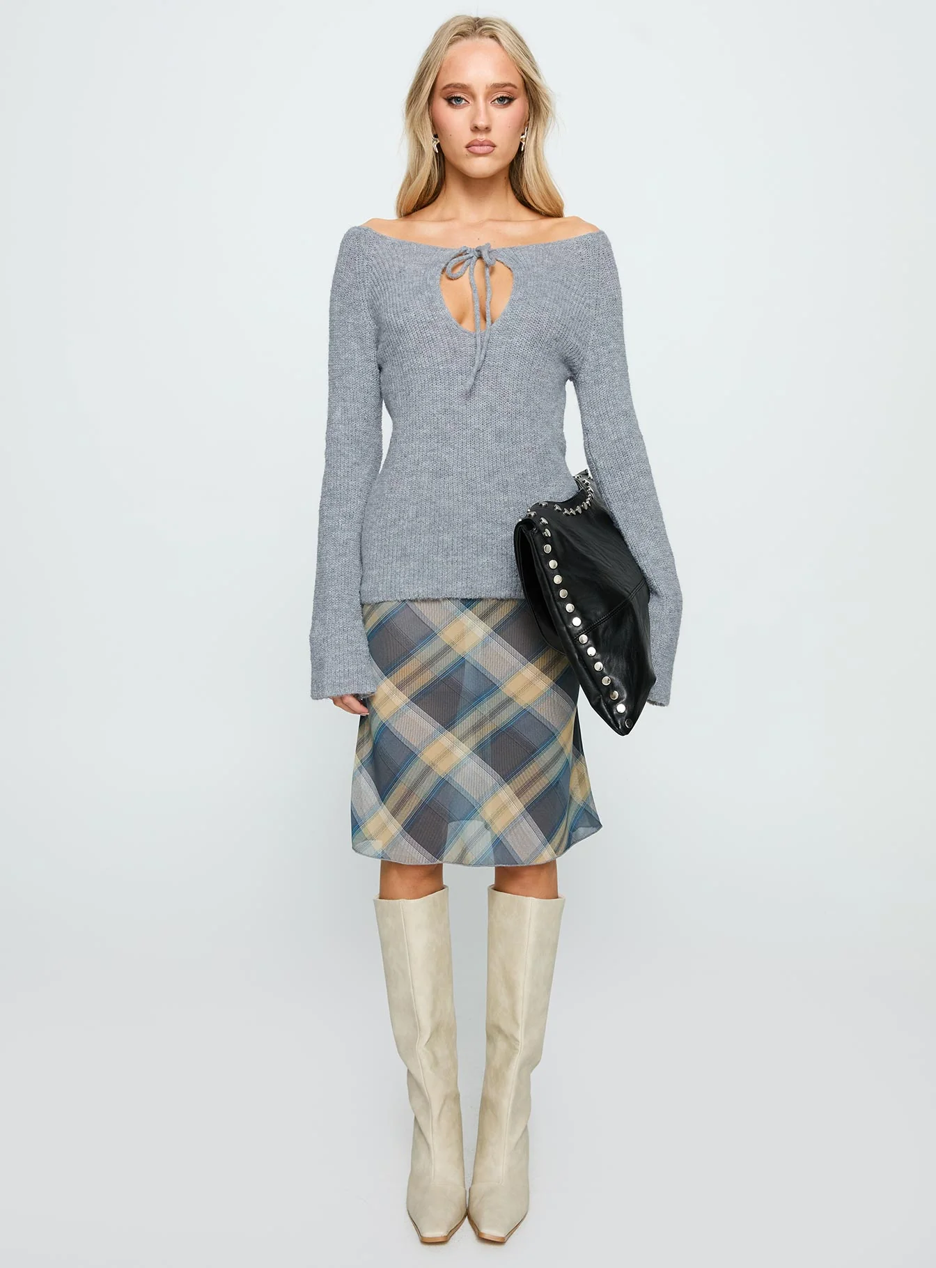 Luxie Tie Detail Knit Sweater Grey