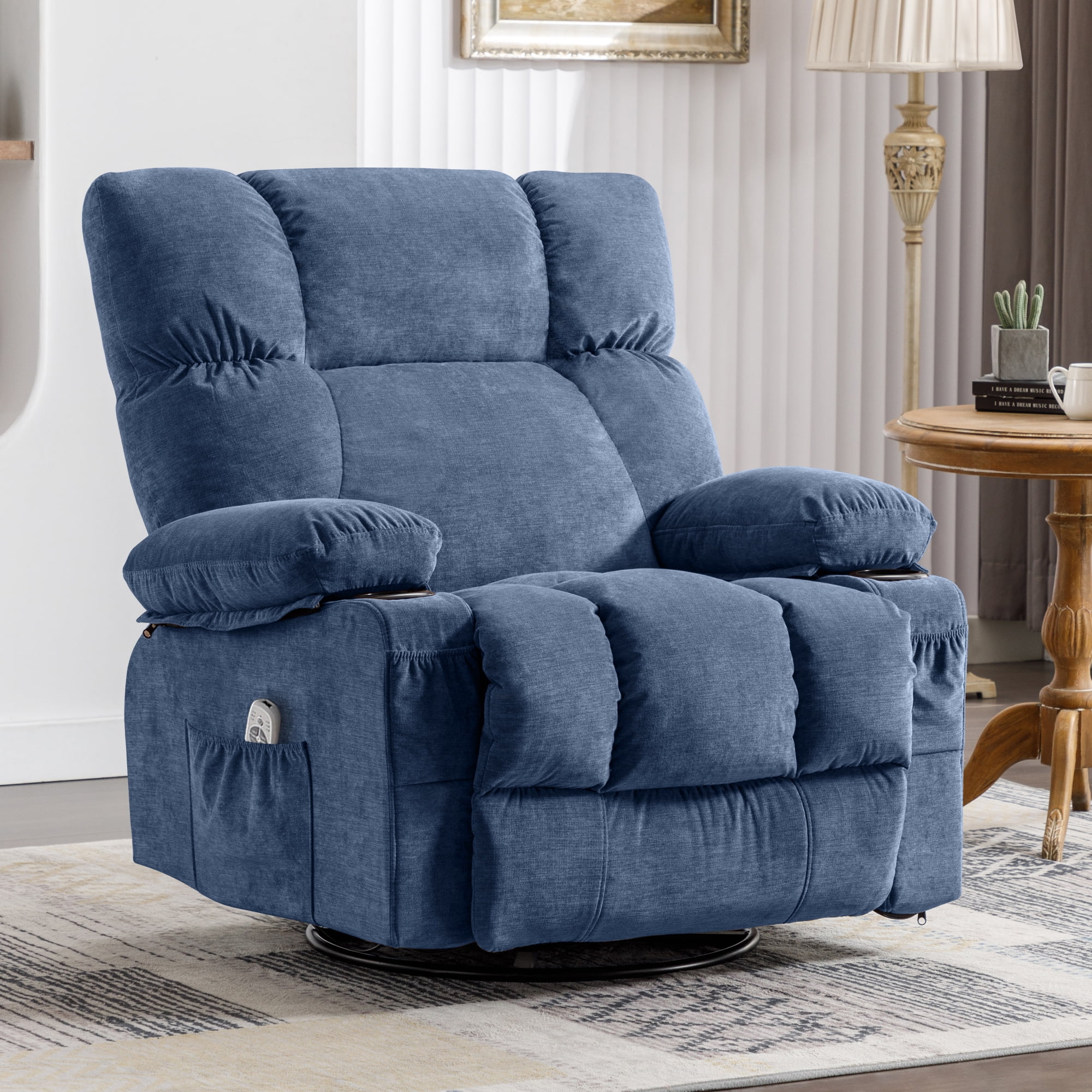 JONPONY Manual Recliner Chair with Heat Therapy and Massage Function, Heavy Duty Reclining Mechanism Massage Chair, Elderly Single Rocker Sofa with Cup Holders for Bedroom Home Theater, Grey