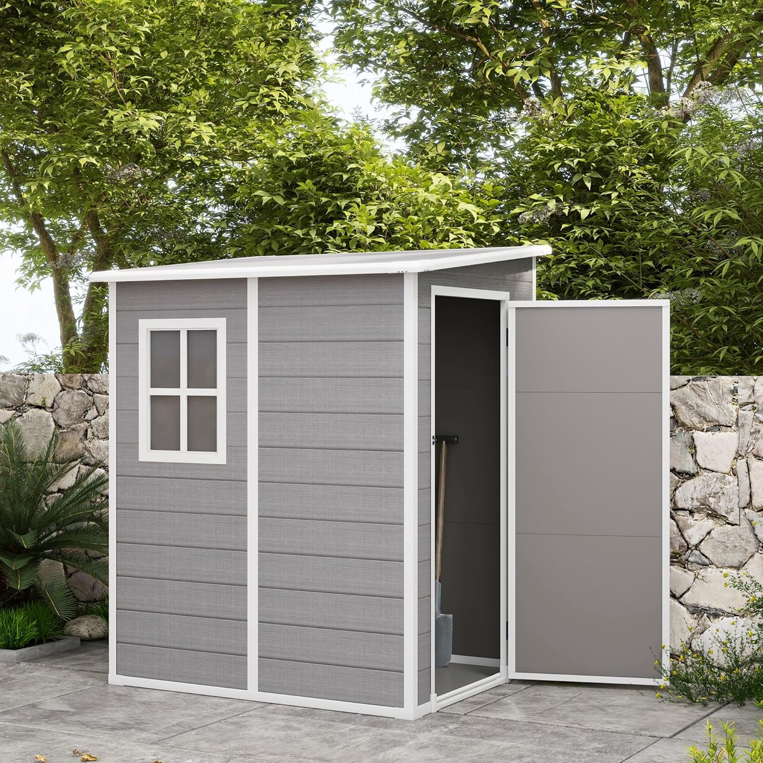 Outsunny Casetta da Giardino Porta Attrezzi in Finitura Effetto Legno Graffiato con Pavimento, 1.54m² Capanno da Giardino con Porta e Serratura, Tetto Inclinato, 122x149x192 cm, Grigio
