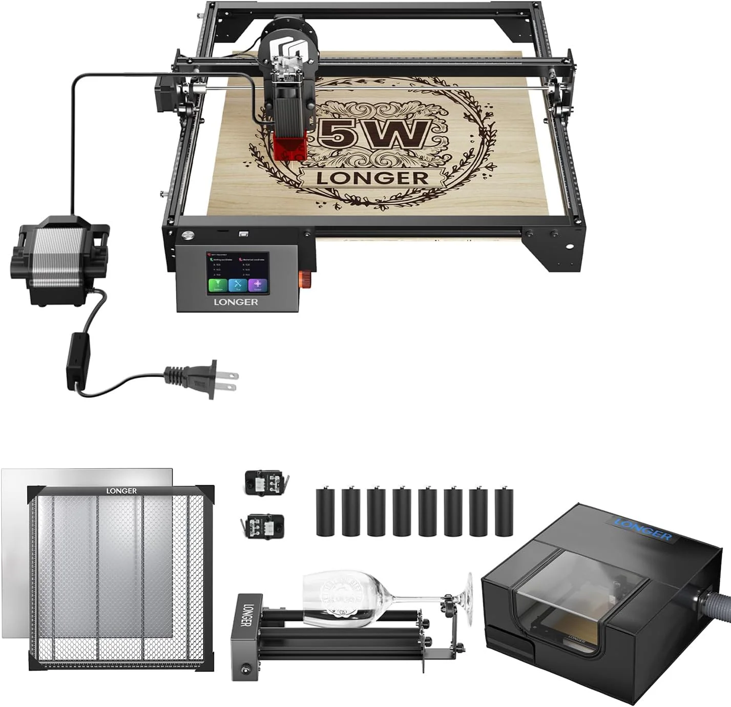 Longer RAY5 5W laser cutter and laser engraver for tumbler, rotary roller bundle, 17.3x 17.3 work bed, housing with vent, and air pump, laser engraver for wood and metal, acrylic