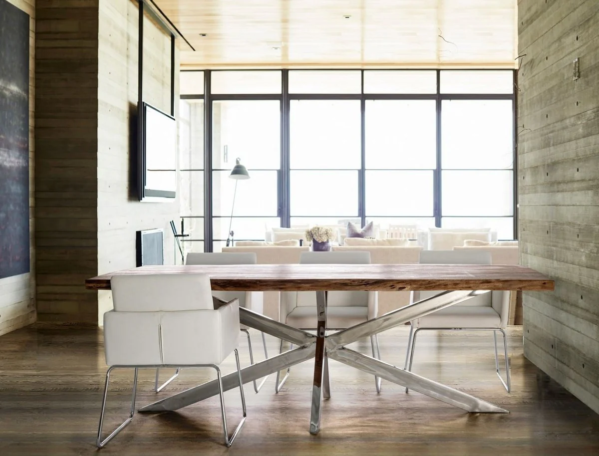 Luxury dining table brown / silver 220 x 100 x H. 77 cm - Rectangular kitchen table with solid wood table top and stainless steel legs - Dining room furniture - Kitchen furniture - Luxury furniture