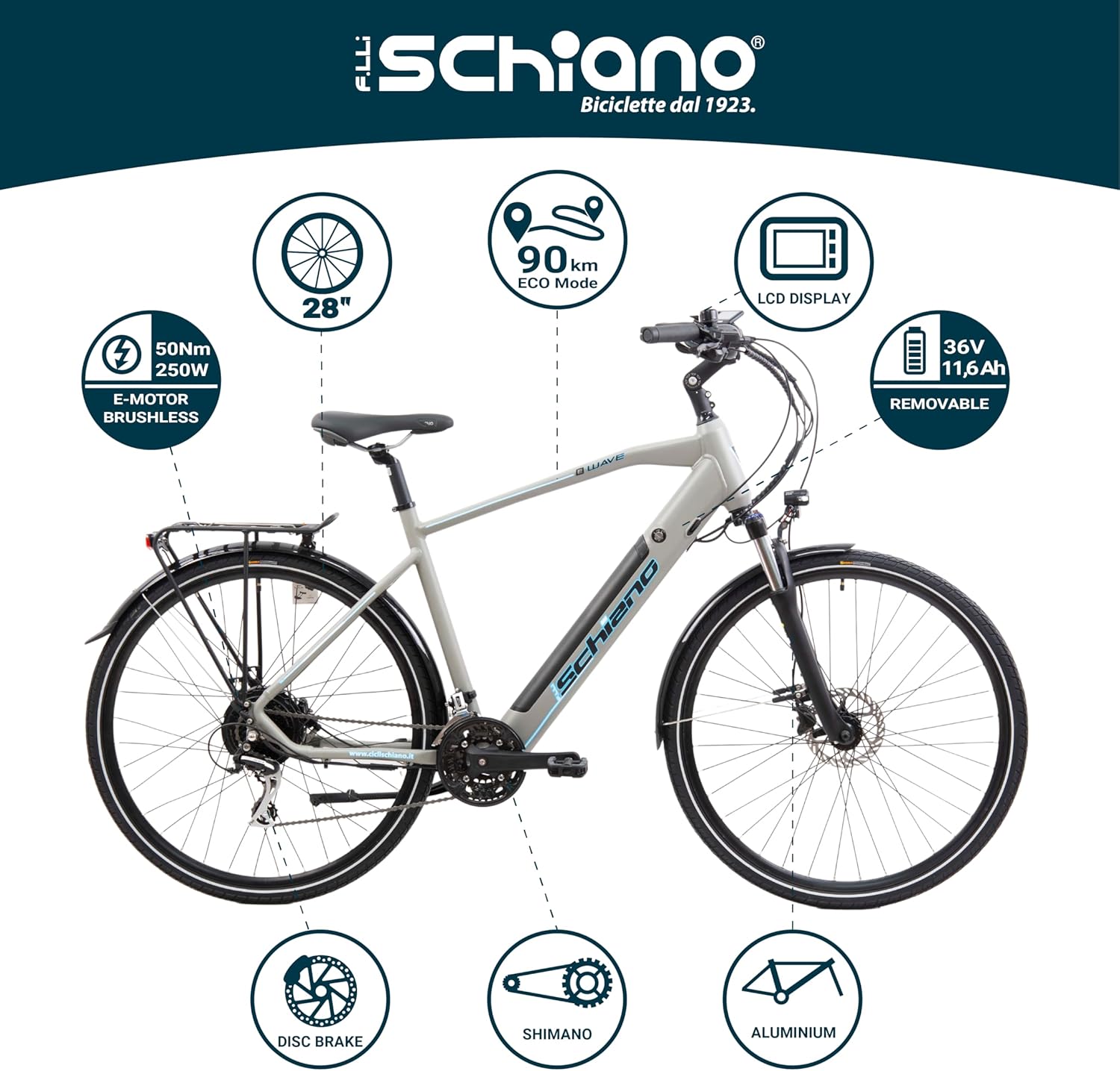 F.lli Schiano E-Wave, Bici Elettrica da Trekking 28 Inches per Adulti, 36V 11.6Ah Batteria Rimovibile, Motore 250W 50Nm, Trekking Ebike