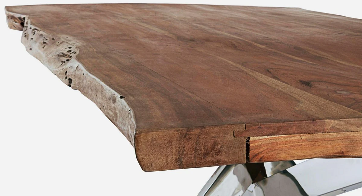 Luxury dining table brown / silver 220 x 100 x H. 77 cm - Rectangular kitchen table with solid wood table top and stainless steel legs - Dining room furniture - Kitchen furniture - Luxury furniture