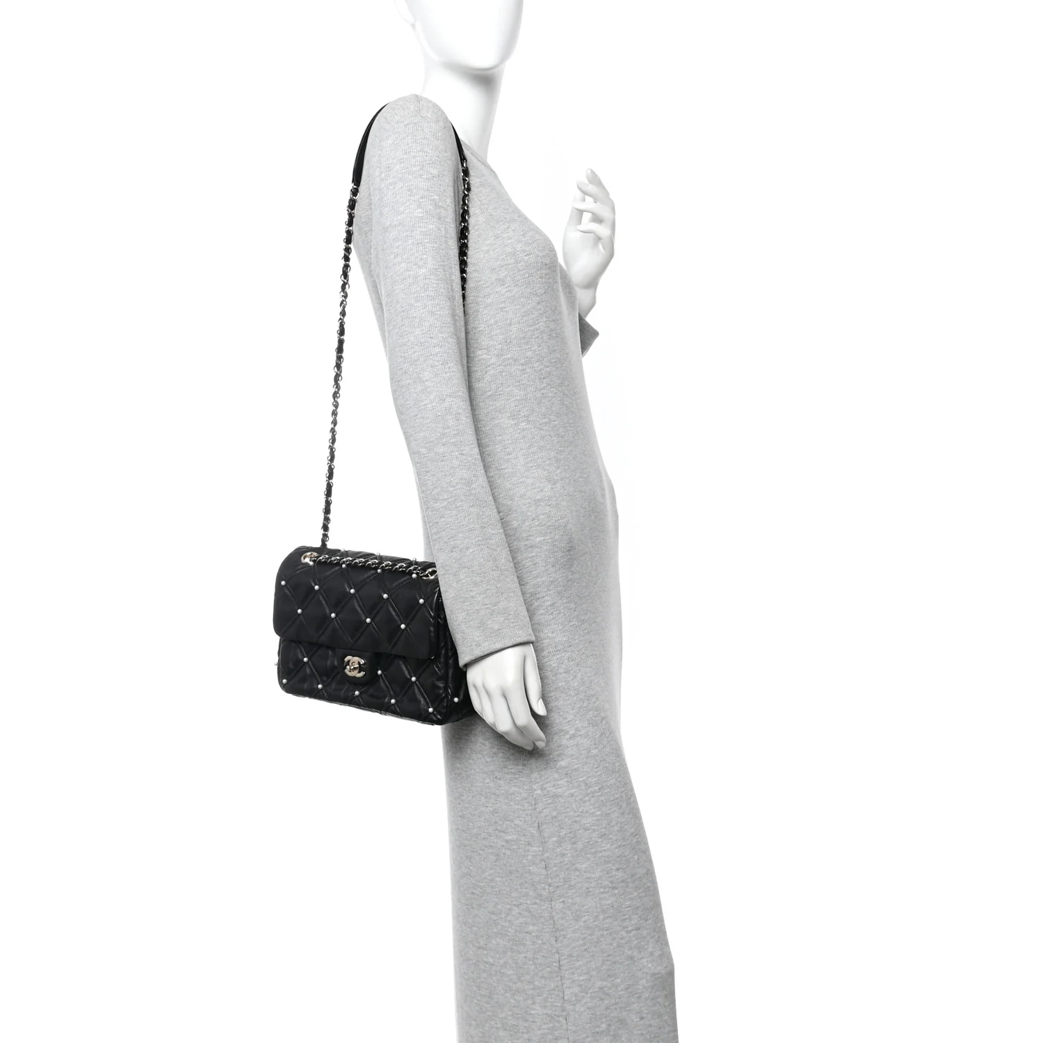Lambskin Quilted Pearl Studded Flap Black