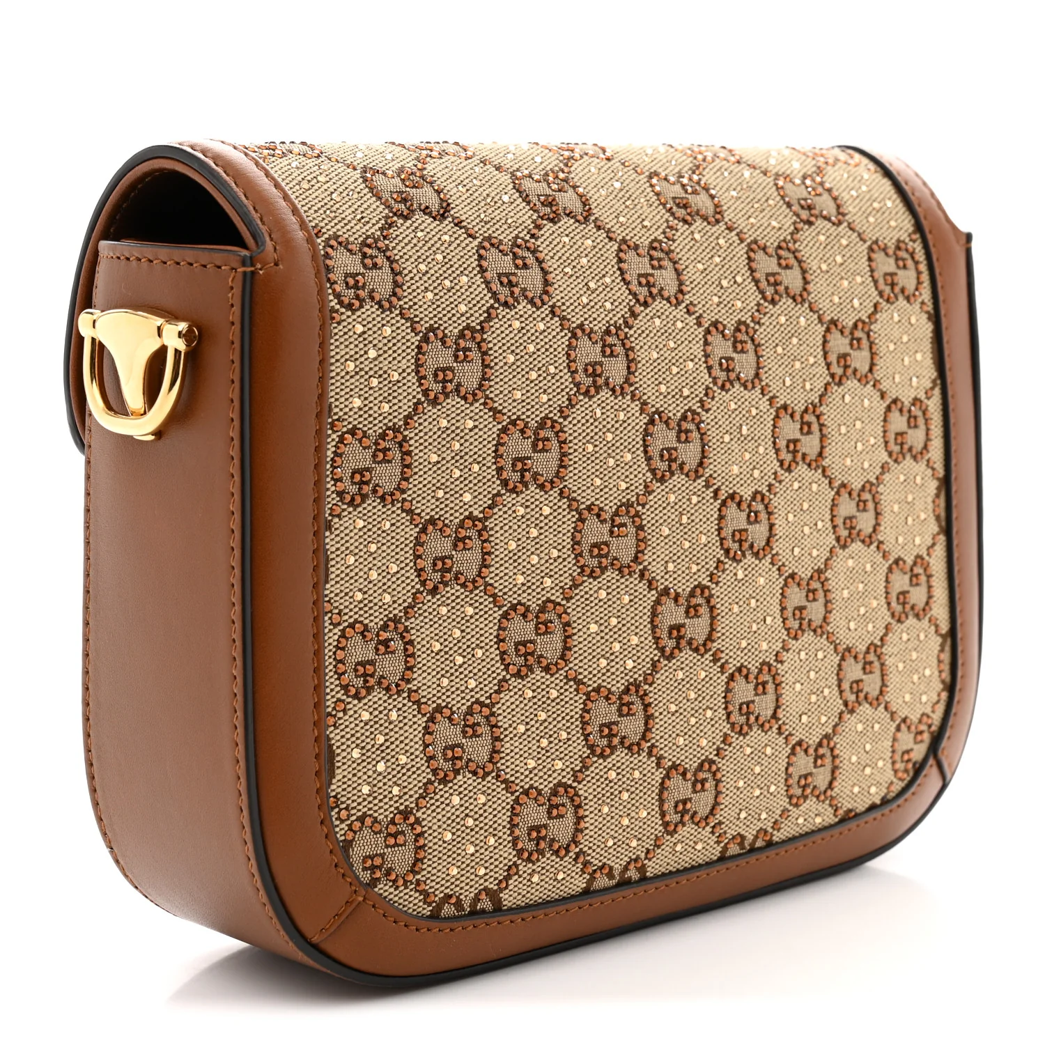 New Canvas Charisma Calfskin Crystal GG Monogram Mini Horsebit 1955 Shoulder Bag Camel Ebony - Top Club