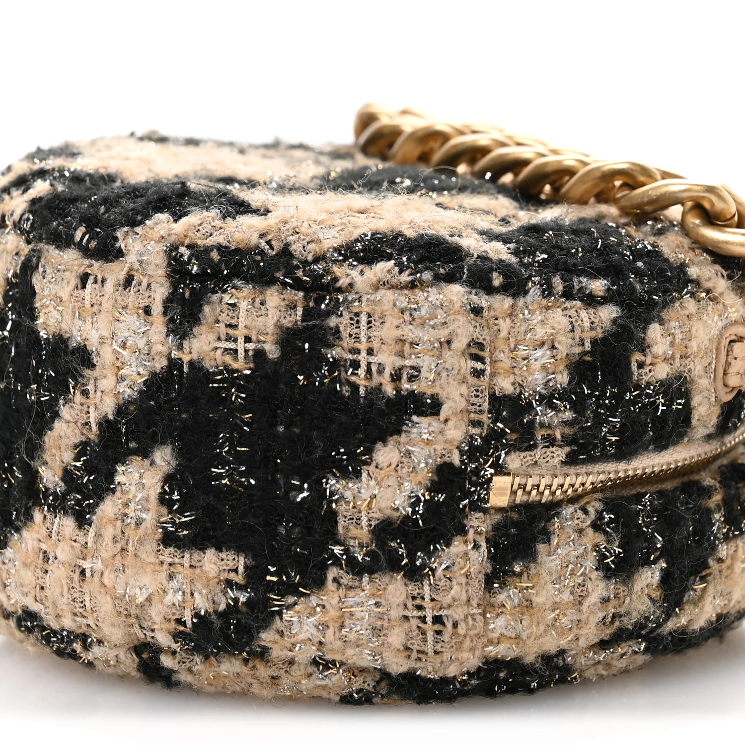 Wool Tweed Lambskin Quilted Chanel 19 Round Clutch With Chain and Coin Purse Beige Black - Top Club