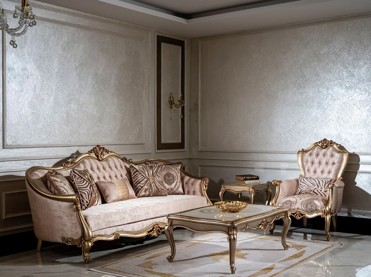 Luxury Baroque Living Room Set Pink / Gold - 2 Sofas & 2 Armchairs & 1 Coffee Table - Handmade Living Room Furniture in Baroque Style - Noble & Magnificent