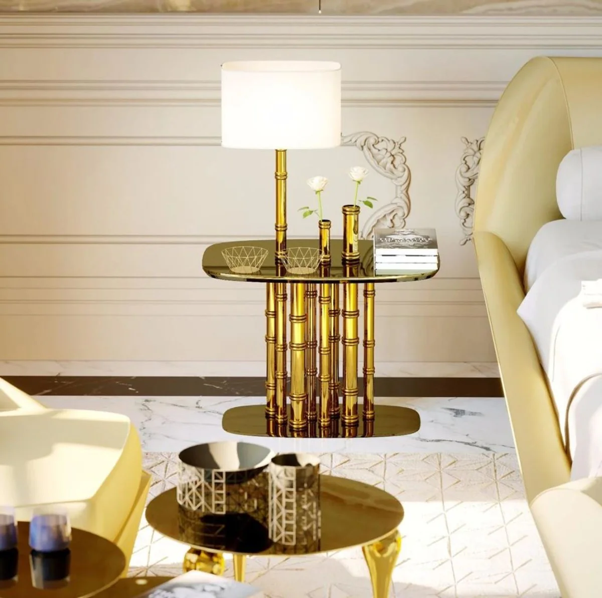 Luxury designer side table bamboo gold / black / white 70 x 45 x H. 40 cm - gold-plated brass bedside table with glass top and integrated table lamp - hotel furniture - luxury quality