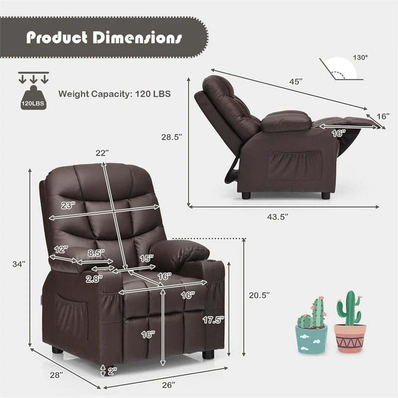 Kids Recliner Chair Adjustable Velvet Lounge Sofa with Cup Holders, 3 Pockets, Retractable Footrest, Toddler Furniture Sofa for Boys Girls Room
