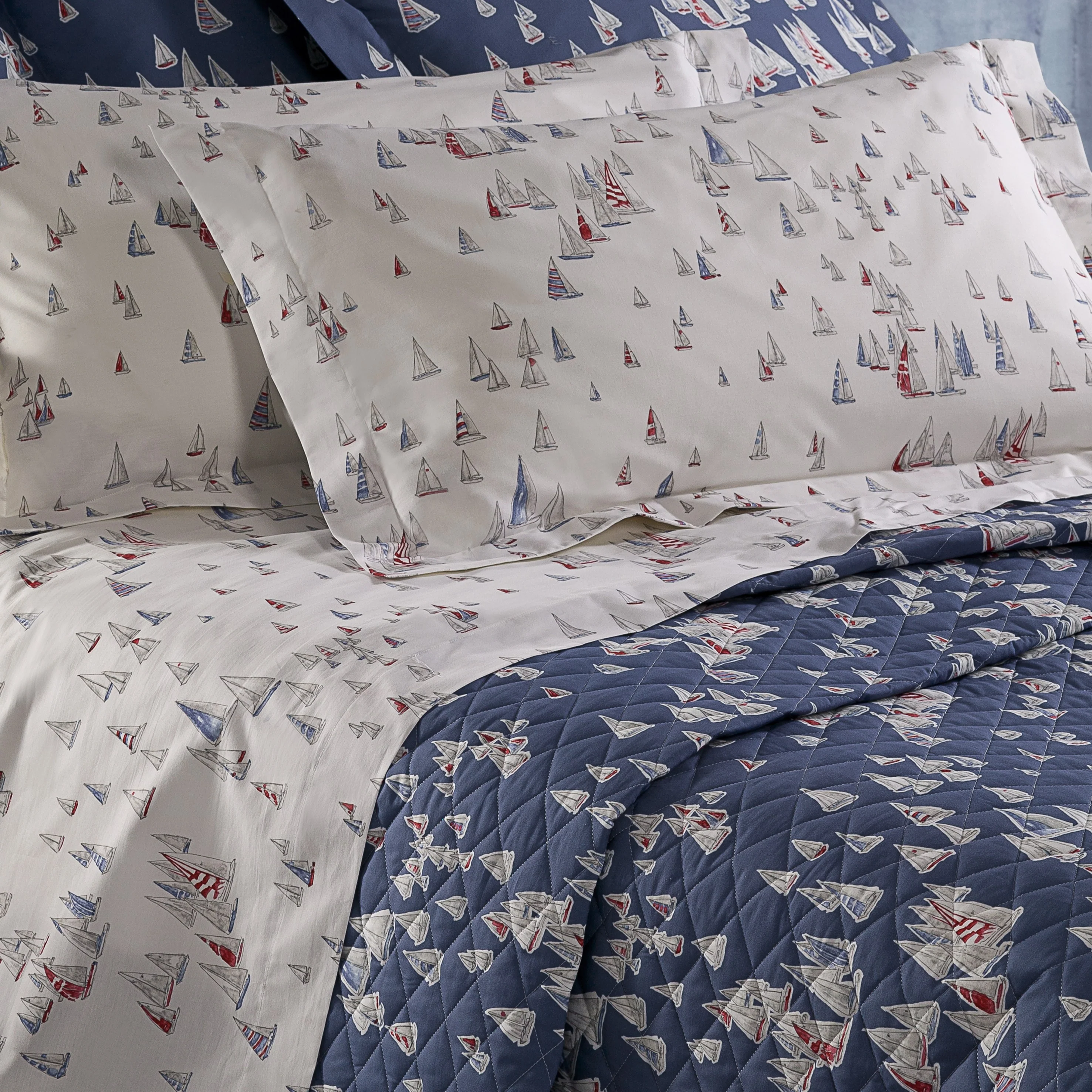 Copriletto Trapuntato In Percalle Sailing 220X260 Blu Emporium
