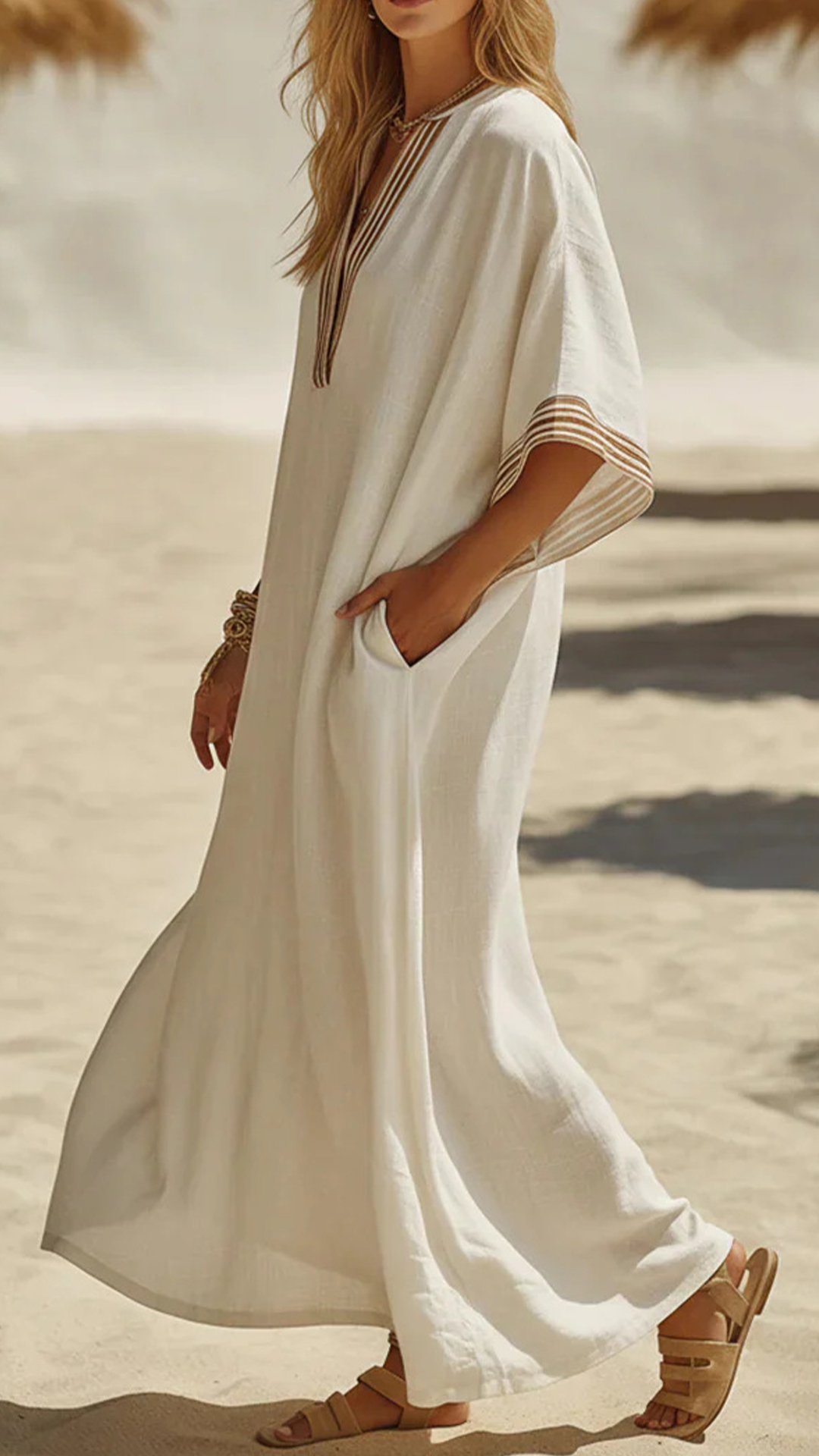 Women's Striped Trim Cotton-Blend Kaftan Dress - Nordfashionstorm - Women's Clothing, Fashion for You - Nordfashionstorm.com