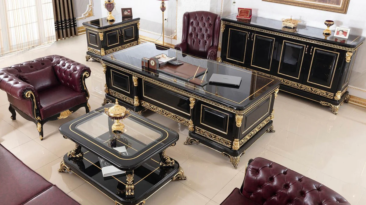 Luxury baroque coffee table with glass top black / gold - magnificent solid wood living room table in baroque style - baroque living room furniture - noble & magnificent