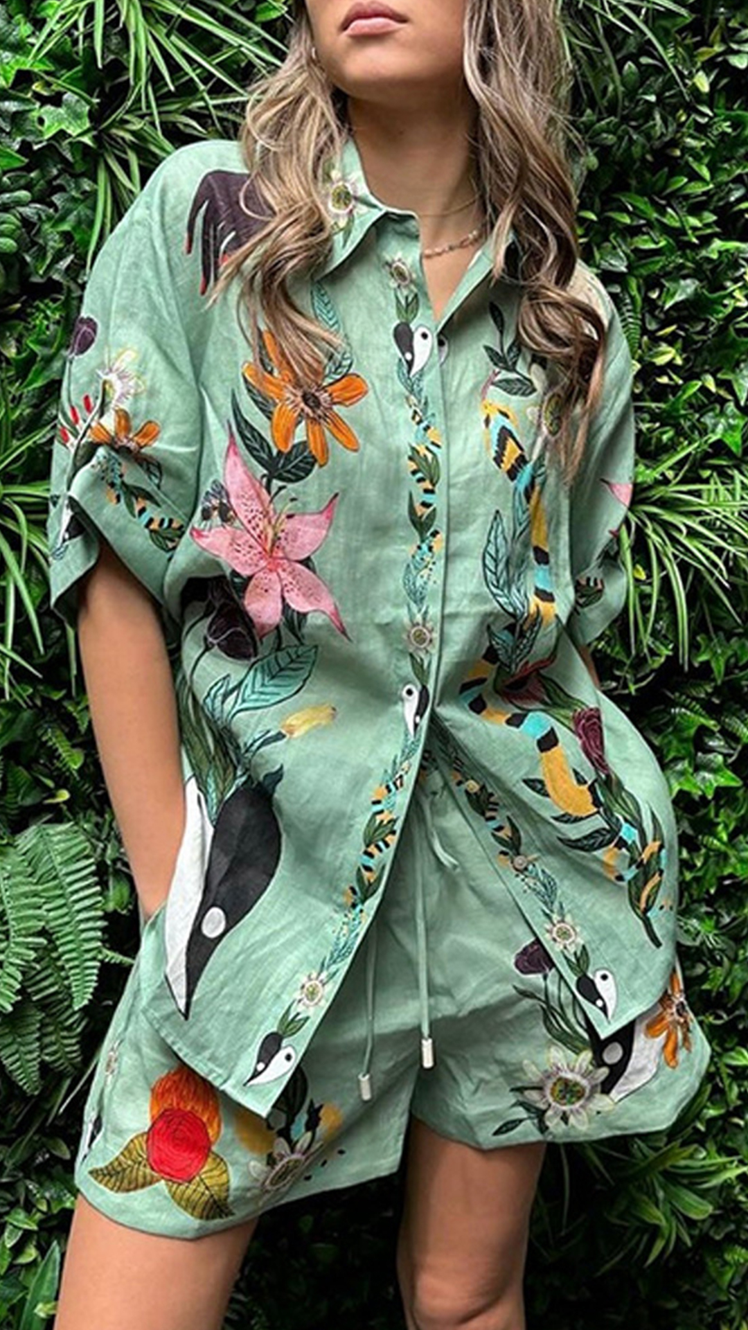 Women's Mint‑Green Floral‑Print Collared Short‑Sleeve Shirt & Shorts Set - Nordfashionstorm - Women's Clothing, Fashion for You - Nordfashionstorm.com