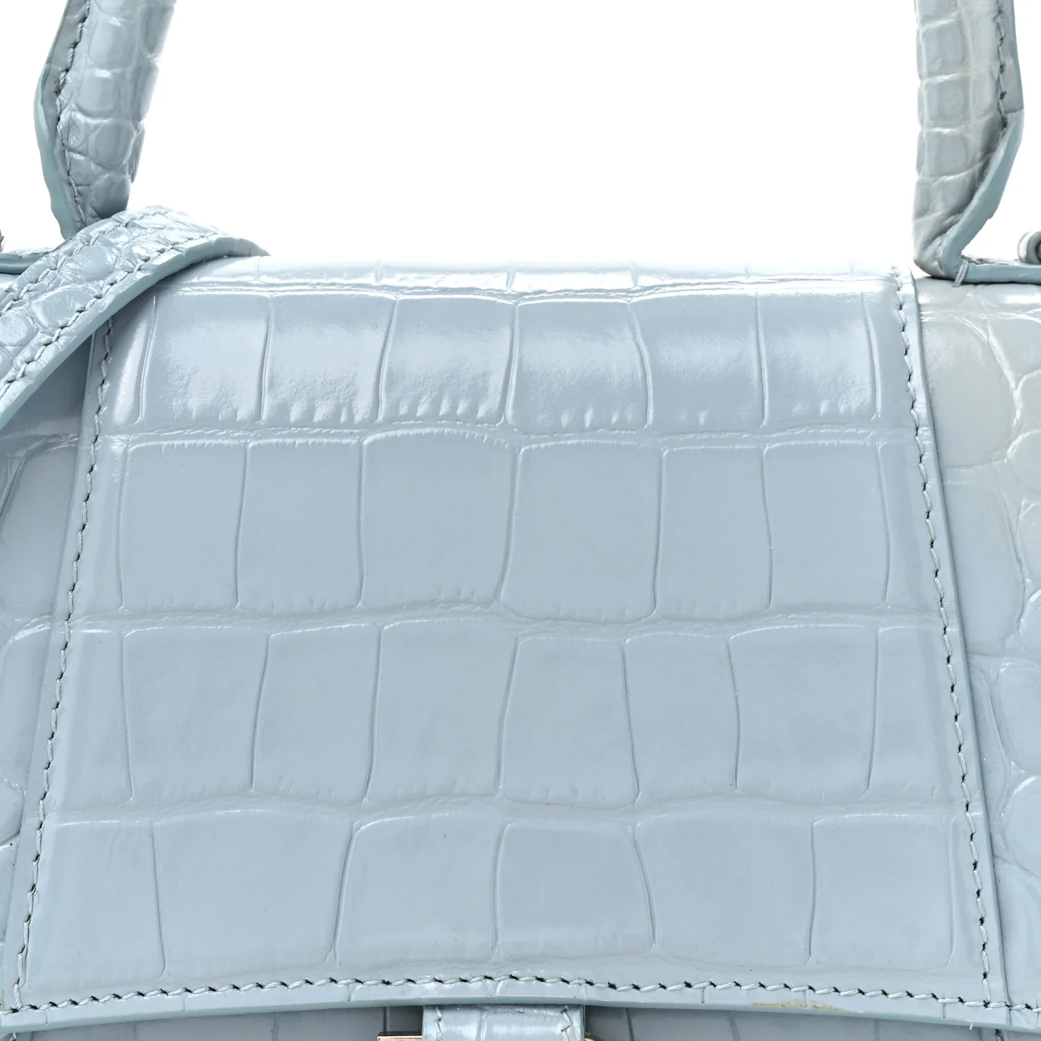 Shiny Calfskin Crocodile Embossed Small Hourglass Top Handle Bag Blue Grey - Top Club