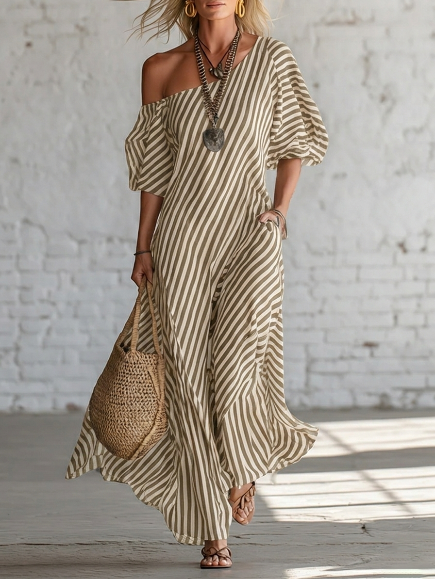 Elegant And Classic Striped Off-shoulder Maxi Dress - Nordfashionstorm - Women's Clothing, Fashion for You - Nordfashionstorm.com