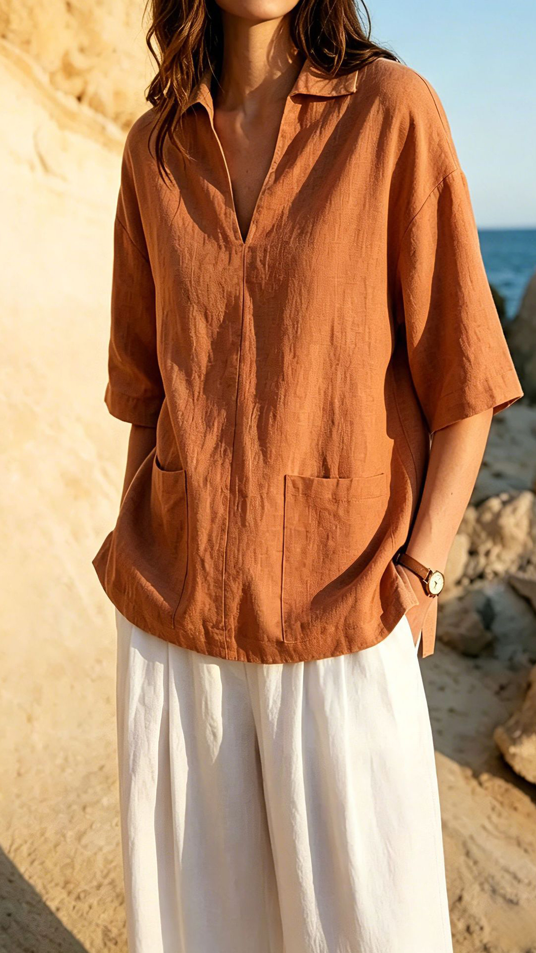 Women's Khaki Collared Mid-sleeve Cotton-blend Blouse - Nordfashionstorm - Women's Clothing, Fashion for You - Nordfashionstorm.com