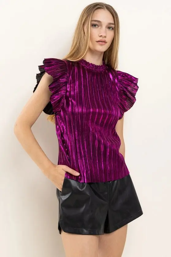 What Happens In Vegas Velvet Rib Ruffle Sleeve Top - ALJEGJ