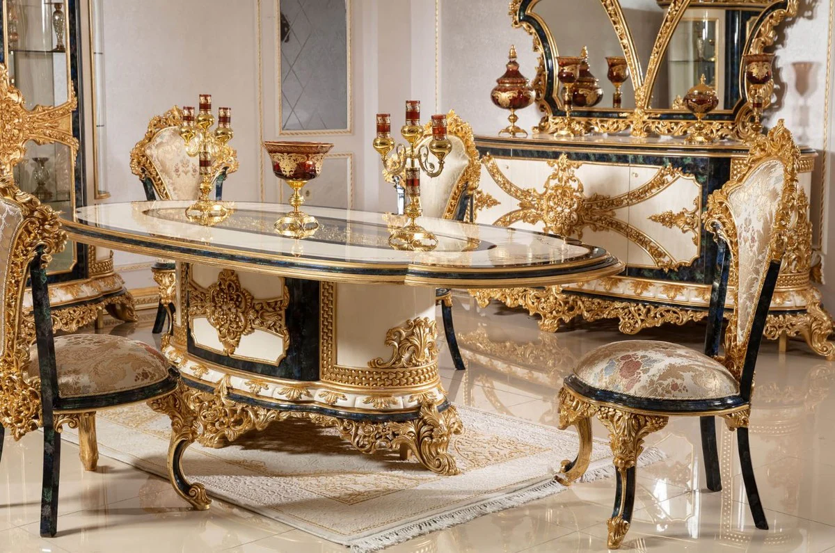 Luxury baroque dining table white / blue / gold - magnificent solid wood dining room table in baroque style - baroque dining room furniture - noble & magnificent