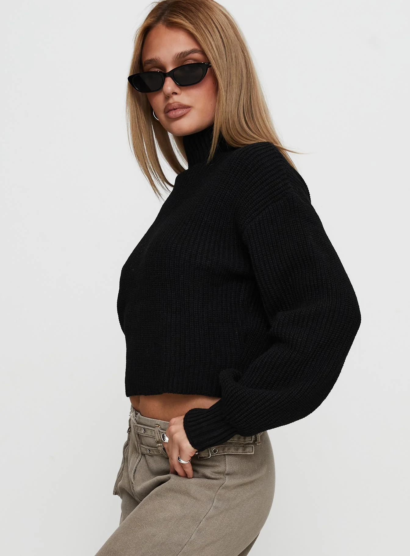 Sayge Mock Neck Knit Sweater Black