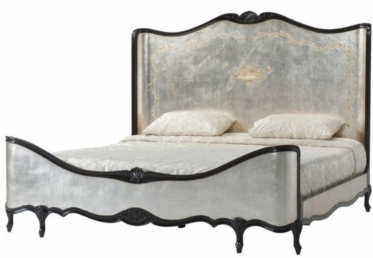 Luxury Baroque double bed antique silver / black - magnificent solid wood bed with headboard - Baroque bedroom furniture