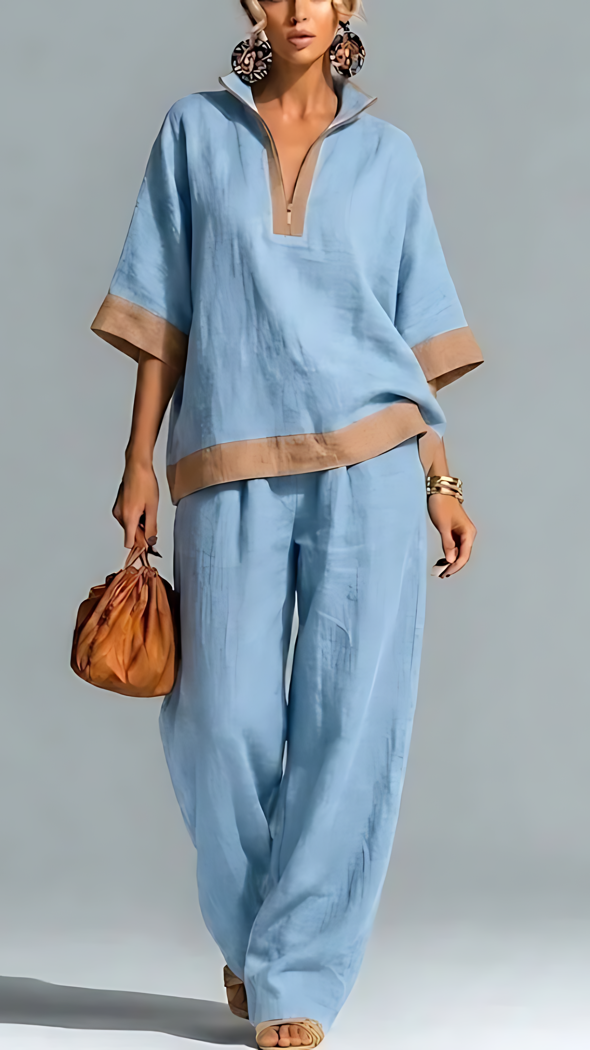 A fashionable and casual women's half-zipper linen cotton suit with contrasting colors - Nordfashionstorm - Women's Clothing, Fashion for You - Nordfashionstorm.com