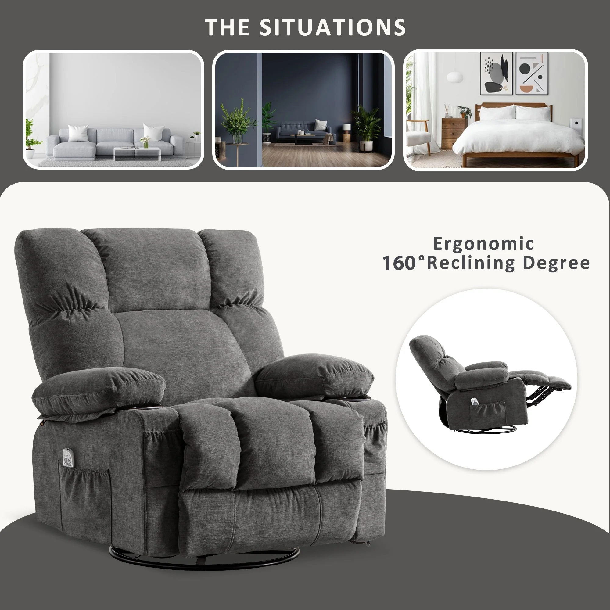 JONPONY Manual Recliner Chair with Heat Therapy and Massage Function, Heavy Duty Reclining Mechanism Massage Chair, Elderly Single Rocker Sofa with Cup Holders for Bedroom Home Theater, Grey