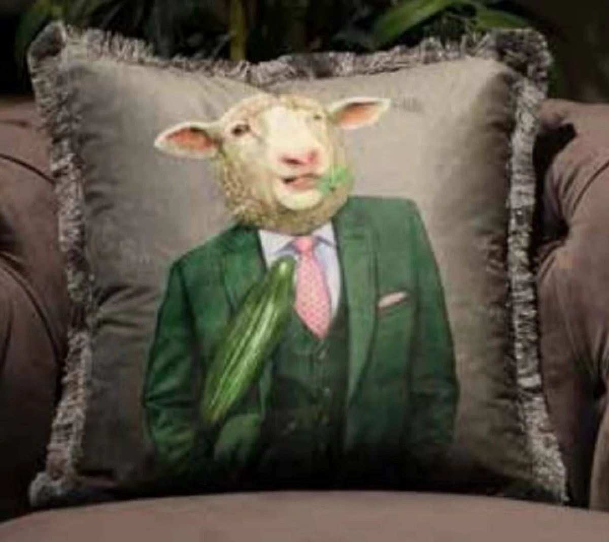 Luxury decorative cushion gentleman sheep gray / multicolored 45 x 45 cm - printed velvet cushion with fringes - luxury quality