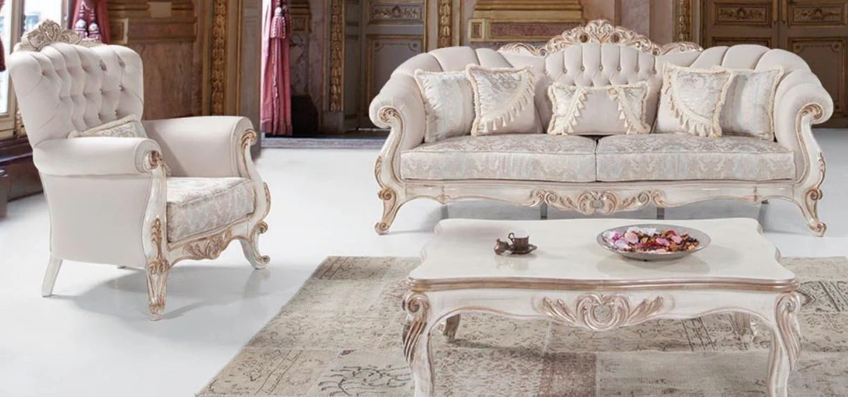 Luxury Baroque Living Room Set Light Gray / White / Antique Bronze - 2 Sofas & 2 Armchairs & 1 Coffee Table - Living Room Furniture in Baroque Style - Noble & Magnificent