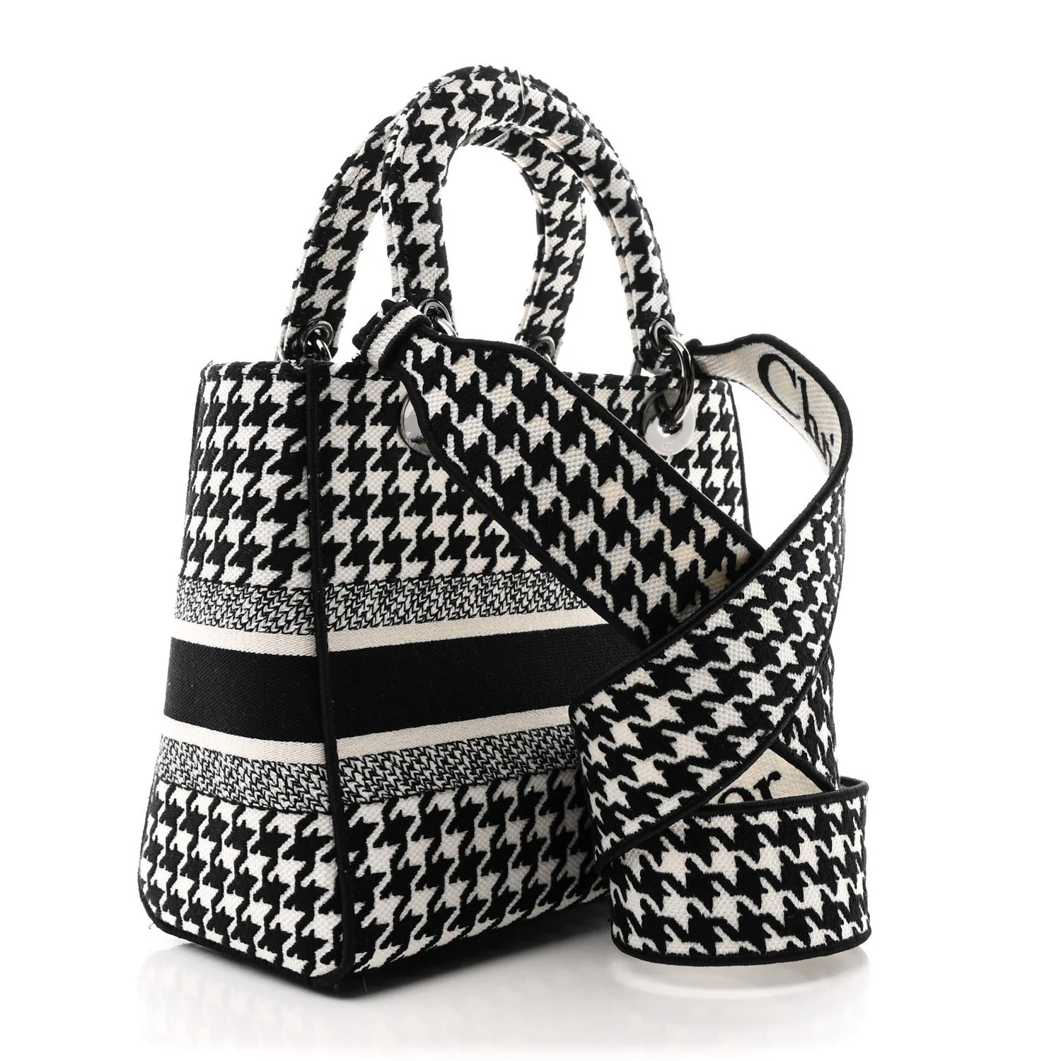 Canvas Houndstooth Embroidered Medium Lady D-Lite Black White - Top Club