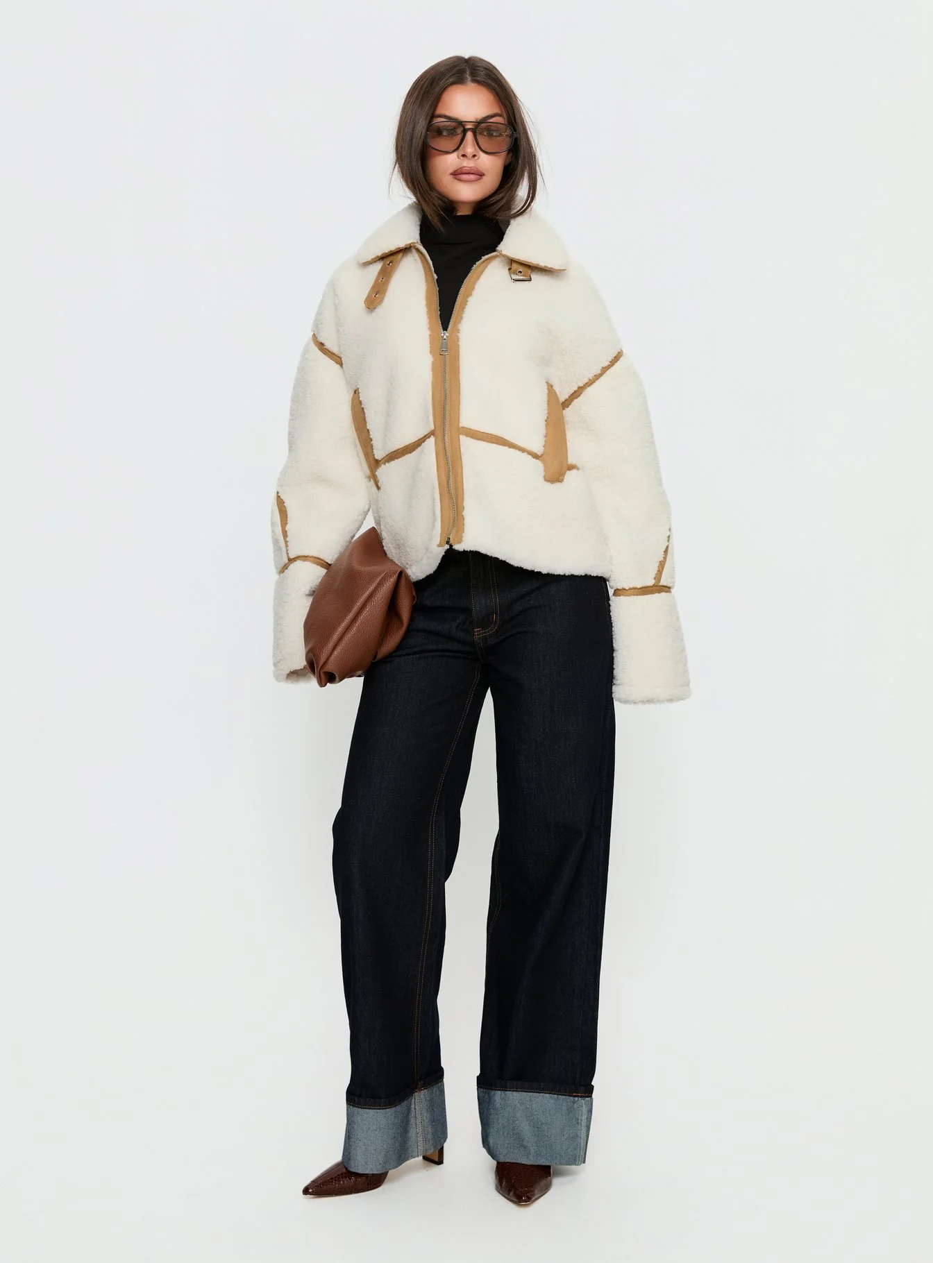 Briane Contrast Teddy Jacket White