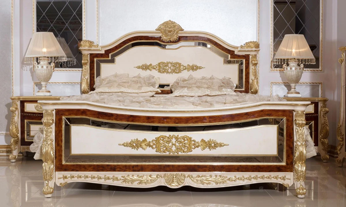 Luxury Baroque Bedroom Set White / Beige / Brown / Gold - 1 Baroque Double Bed with Headboard & 2 Baroque Nightstands - Luxury Bedroom Furniture in Baroque Style - Baroque Furniture