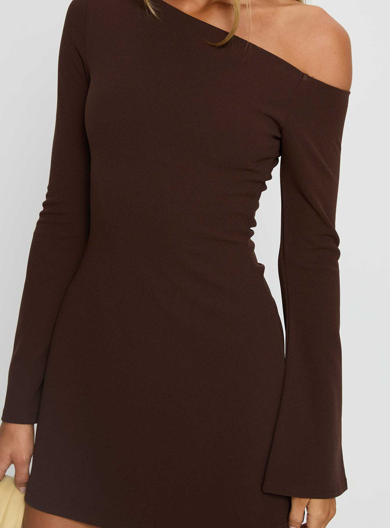 Adrietta Long Sleeve Off Shoulder Mini Dress Brown