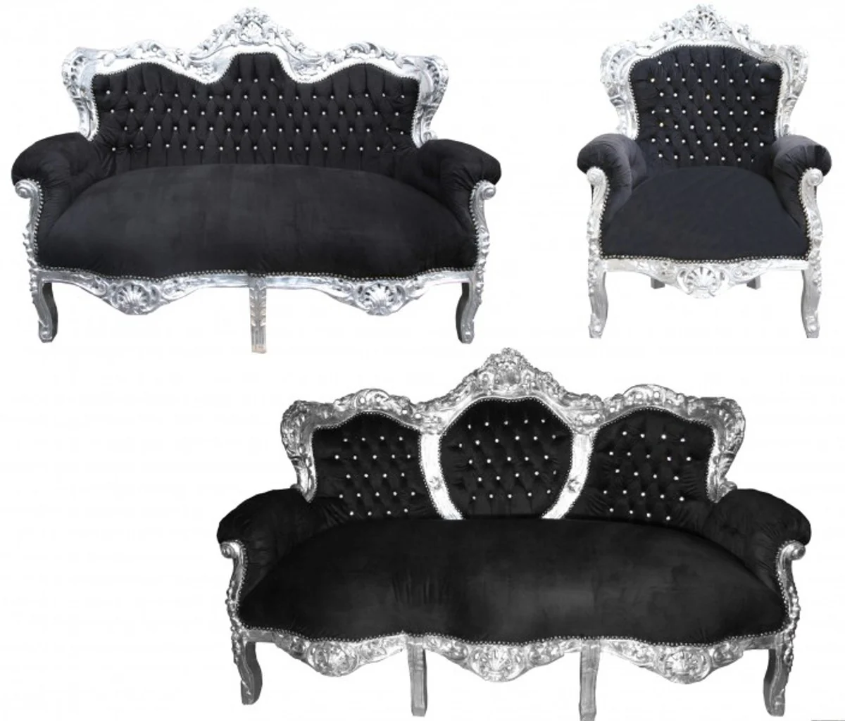 Baroque living room set King black / silver - 3-seater sofa + 2-seater sofa + 1 armchair