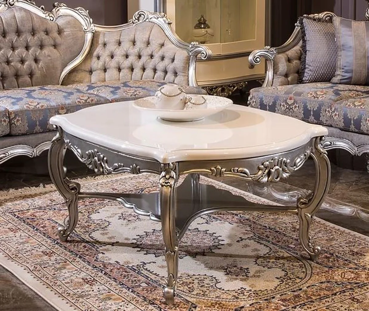 Luxury baroque living room set gray / blue / silver - 2 baroque sofas & 2 baroque armchairs & 1 baroque coffee table - living room furniture in baroque style - baroque furniture - baroque furnishings