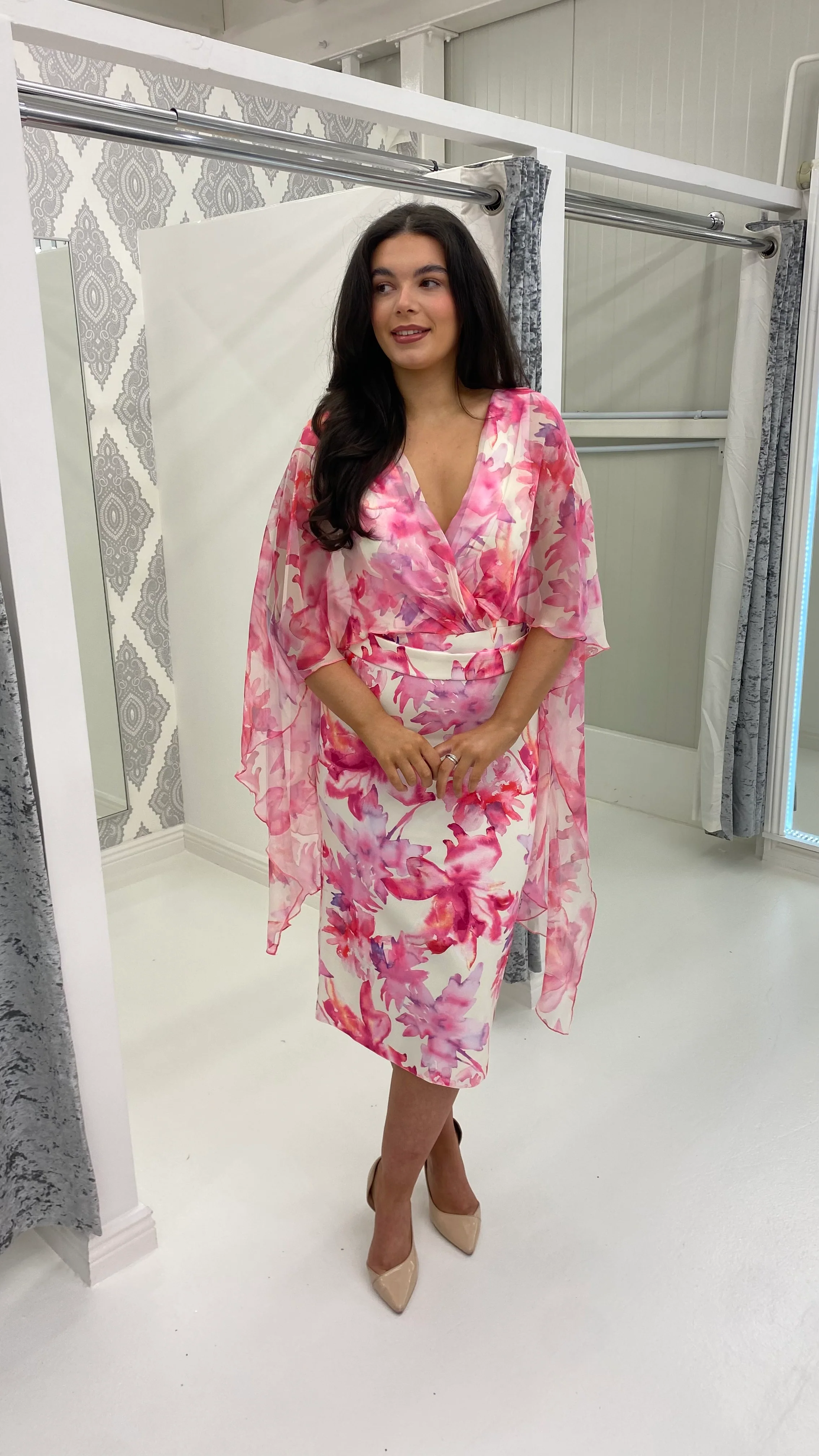 Ivory & Pink Flowy Cape Sleeve Floral Midi Dress