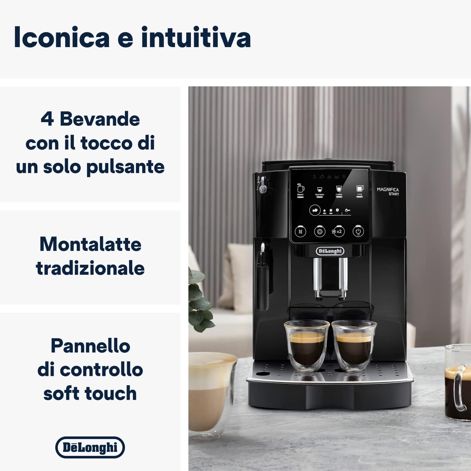 Magnifica Start ECAM222.20.B, Macchina Caffè Automatica, Chicchi Macinati al Momento, Montalatte classico, 4 Bevande One Touch, Pannello di Controllo Soft-Touch, Spegnimento Programmmabile