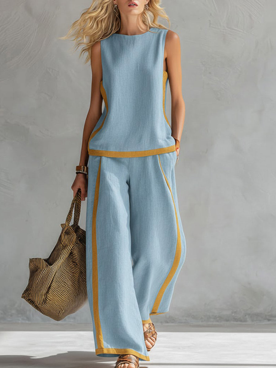 Plus Size Friendly Plus Size Friendly Women's Round Neck Sleeveless Casual Loose Top And High-waisted Loose Wide-leg Pants Cotton And Linen Set. - Nordfashionstorm - Women's Clothing, Fashion for You - Nordfashionstorm.com