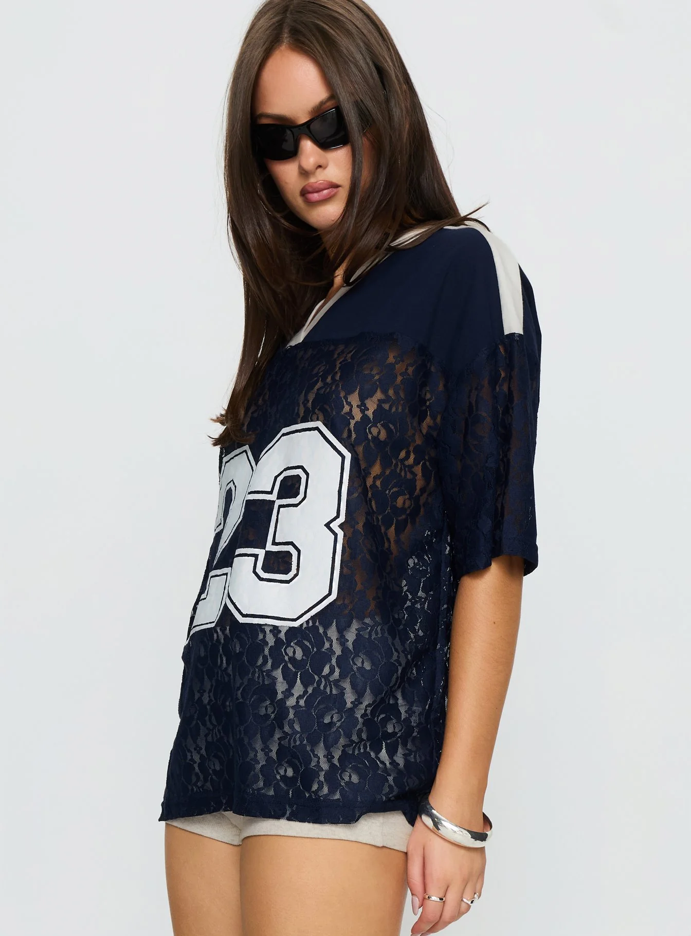 Lucky 23 Lace Jersey Graphic Top Navy