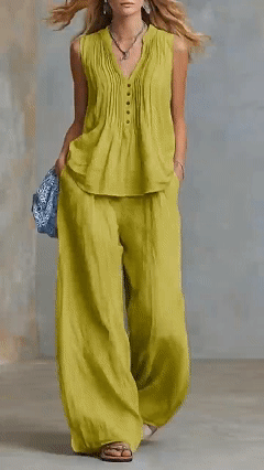 Plus Size Friendly Casual Linen And Cotton Pleated Sleeveless Top And Pants Two-piece Set - Nordfashionstorm - Women's Clothing, Fashion for You - Nordfashionstorm.com