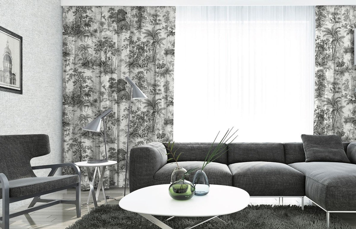 Luxury curtain set jungle white / black 250 x H. 290 cm - Printed linen & velvet curtains - Eyelet curtains - Sliding curtains - Living room bedroom curtains