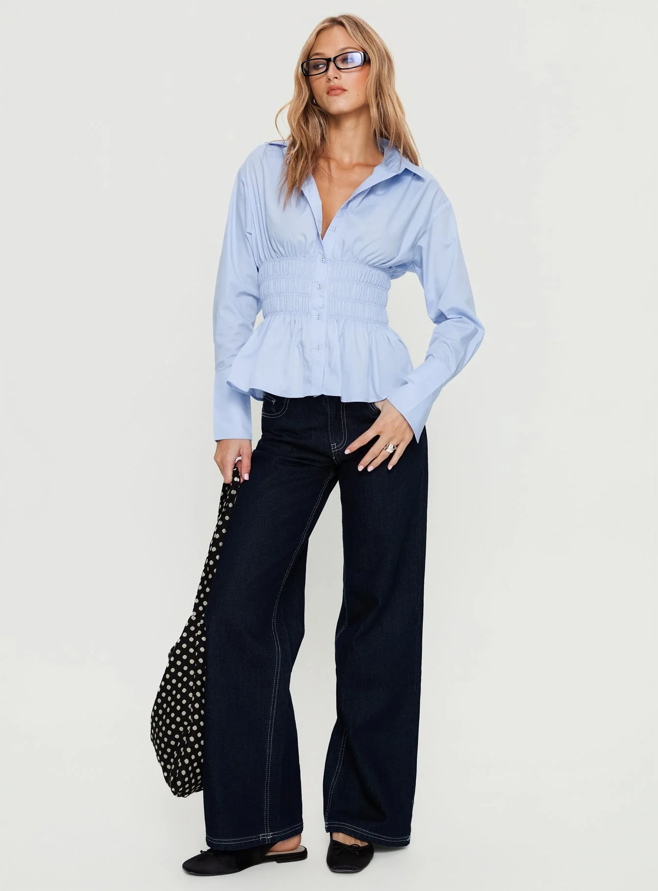 As You Are Shirred Button Up Top Soft Blue