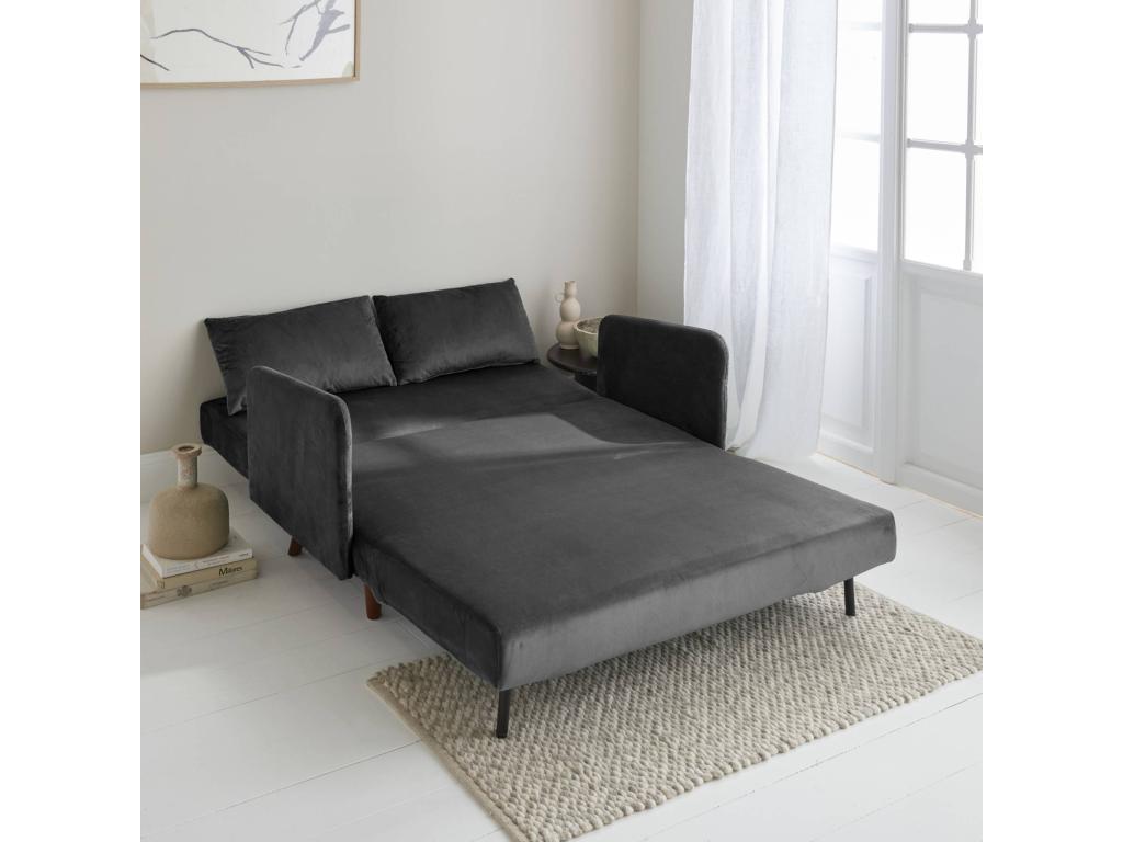Sofá cama terciopelo 2 plazas gris oscuro con patas de madera