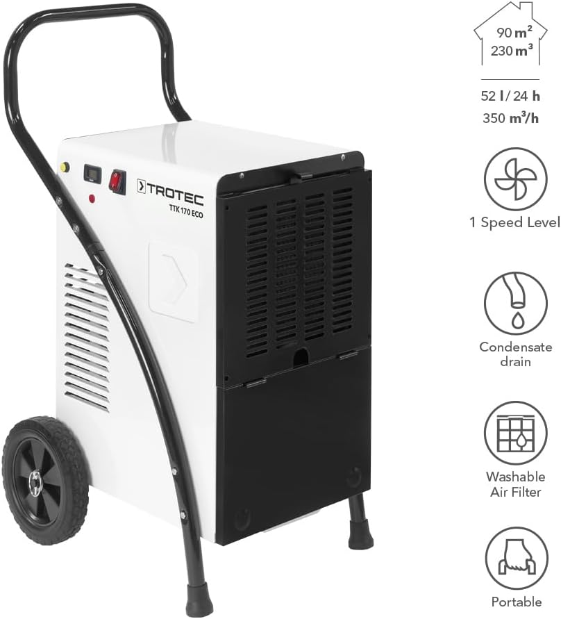 TROTEC Deumidificatore TTK 170 ECO – potenza 52 L/giorno – superficie 90 m² / 230 m³ – essiccatore per edifici con contaore di funzionamento – per ambienti grandi