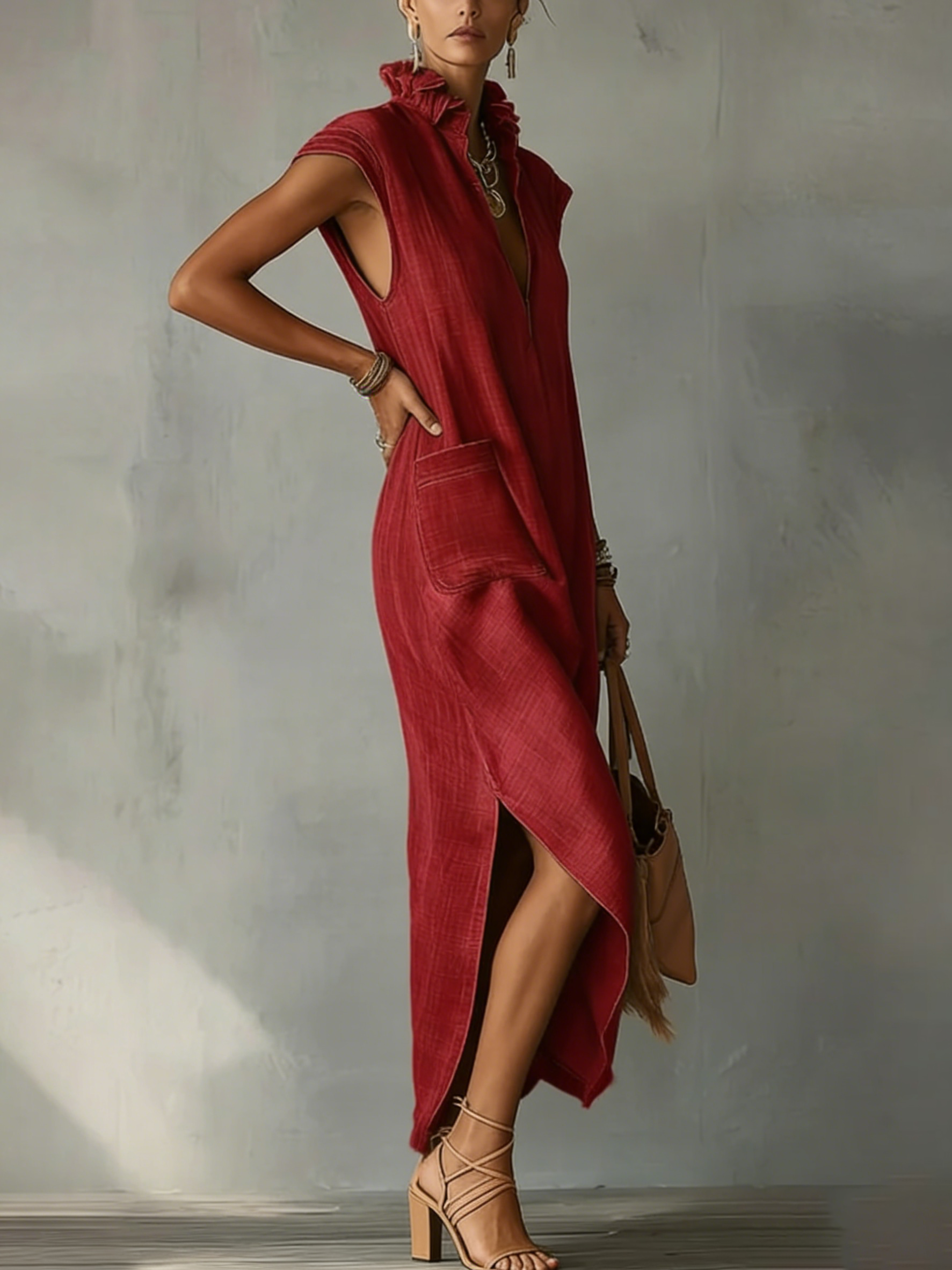 Women’s Ruffle Collar Cotton Linen Midi Dress – Elegant Summer Dress - Nordfashionstorm - Women's Clothing, Fashion for You - Nordfashionstorm.com