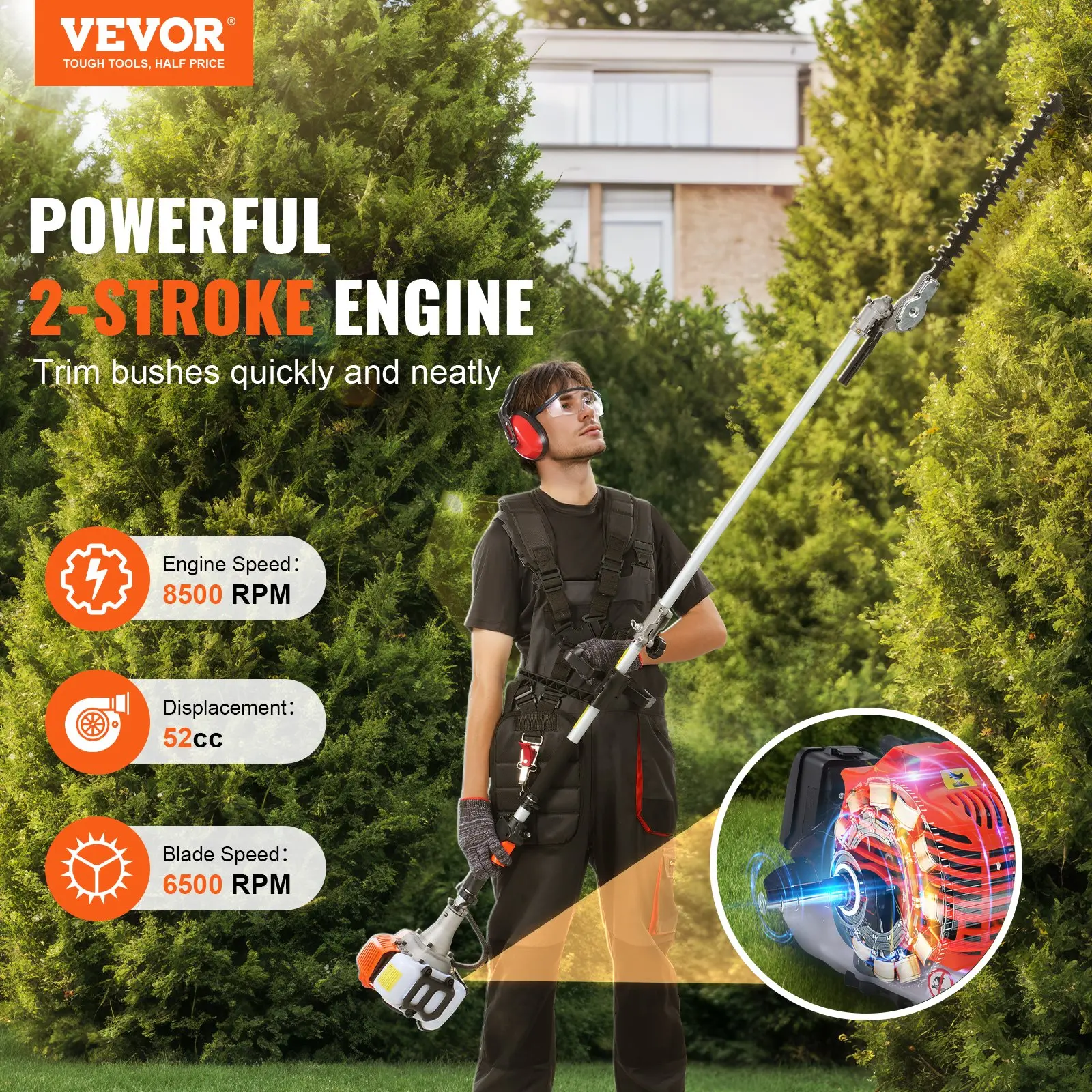 【Summerfinds】VEVOR 6-in-1 Gas Garden Full Kit (26cc/33cc/43cc-52cc) - Hedge Trimmer, Weed Eater, Brush Cutter, Edger, Pole Saw Chainsaw Pruner Whacker, High Branch Scissor, 3t Rotating Grass Trimmer Head, Shoulder Strap, Portable, Storage Bag