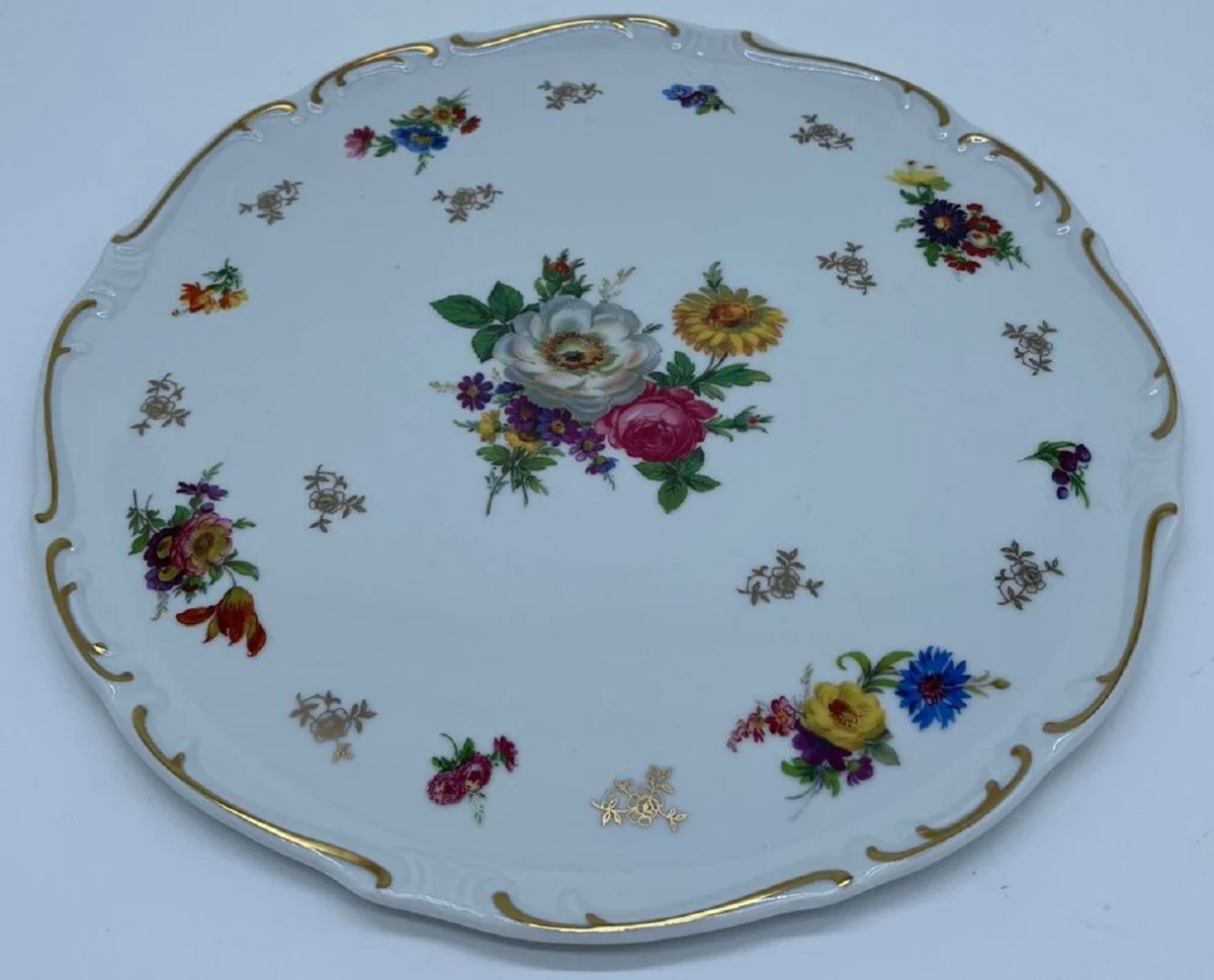 Luxury Baroque Porcelain Cake Plate White / Multicolored / Gold Ø 31 cm - Round Cake Plate - Luxury Baroque Porcelain Accessories - Reichenbach Porcelain - Made in Germany