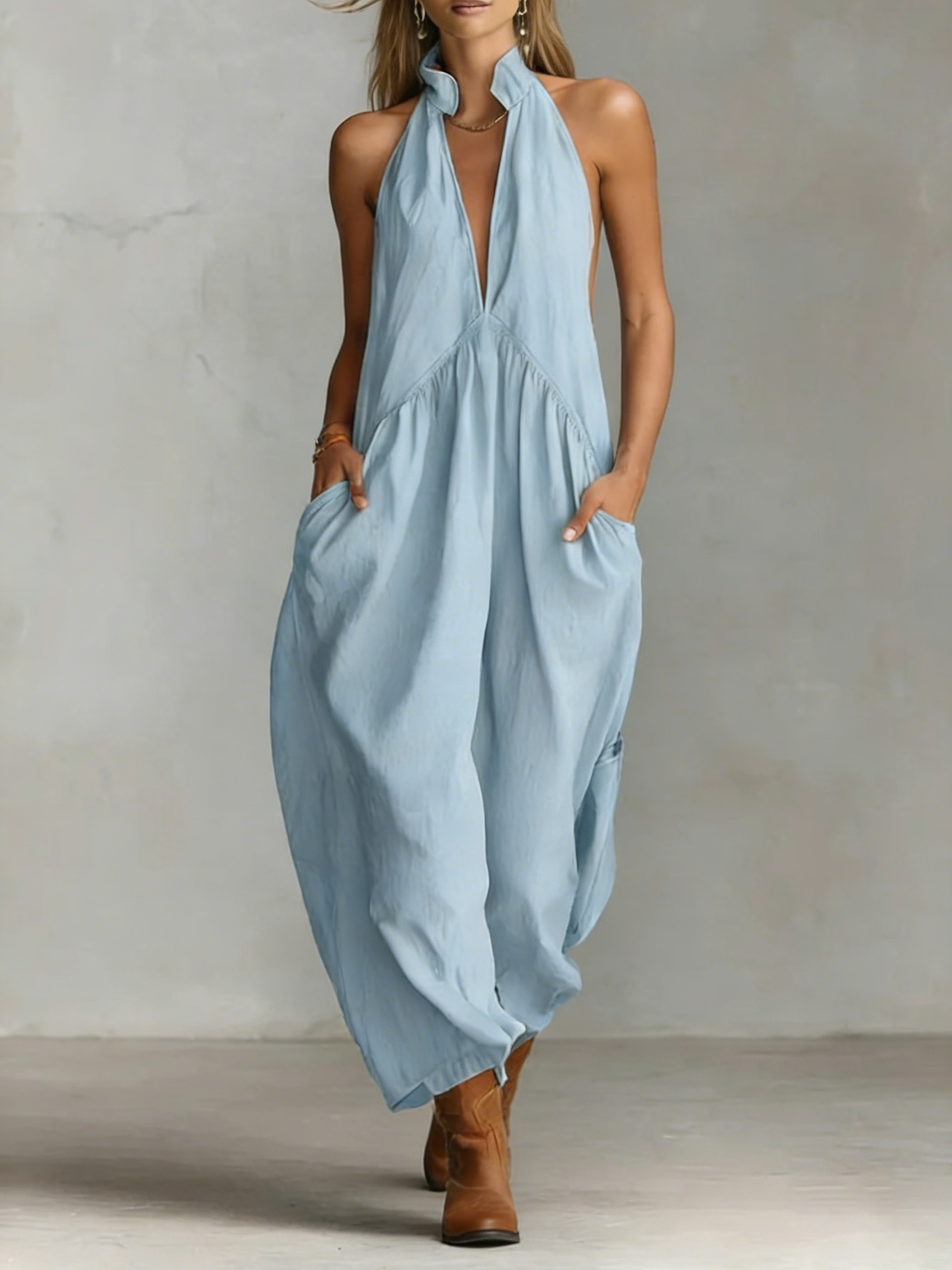 Minimalist Halter Maxi Dress — Casual, Loose-Fit Dress with Pockets - Nordfashionstorm - Women's Clothing, Fashion for You - Nordfashionstorm.com